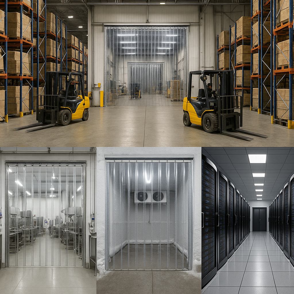 A montage of clean industrial facilities, including food processing and logistics centers, using PVC strip curtains.